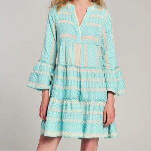 Devotion Twins Ella Embroidered Cotton Tunic Dress Neon Turquoise Blue White XS
